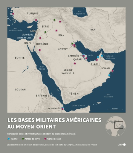 Carte des bases militaires americaines au Moyen-Orient