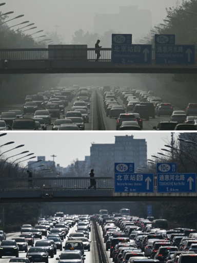 Montage photos du 16 février 2026 montrant la circulation dense par temps de smog à Pékin, le 1er novembre 2023 (en haut), et la même vue, le 11 février 2026 (en bas)