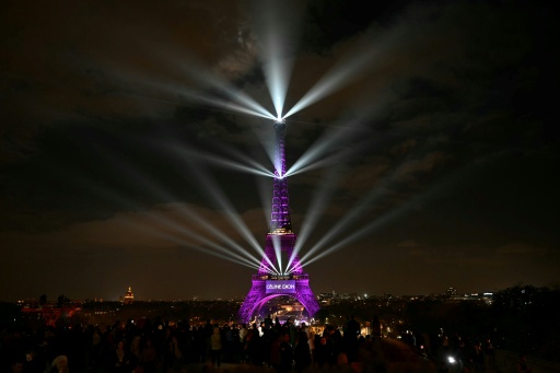 La tour Eiffel illuminée à Paris pour le 58e anniversaire de la chanteuse Céline Dion, le 30 mars 2026 à Paris