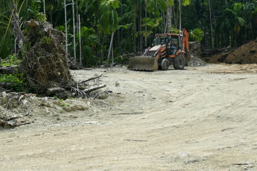 Une pelleteuse procède à des opérations de déblayage sur des terres forestières dans le cadre de grands travaux sur l'île de Grande Nicobar, dans l'archipel indien des Andaman-et-Nicobar, le 26 mars 2026