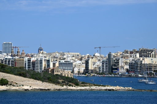 Littoral maltais : garrigue au premier plan, immeubles et grues de chantier en arrière-plan