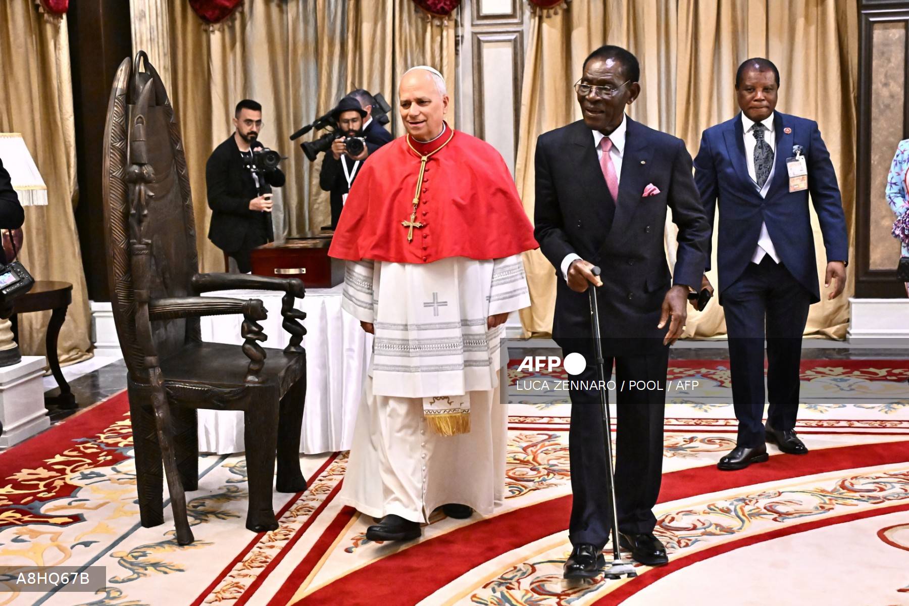 Le pape Léon XIV et Teodoro Obiang Nguema au palais présidentiel équato-guinéen, rencontre bilatérale le 21 avril 2026