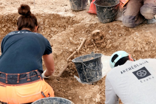 Des archéologues dégagent des ossements sur le chantier de fouilles