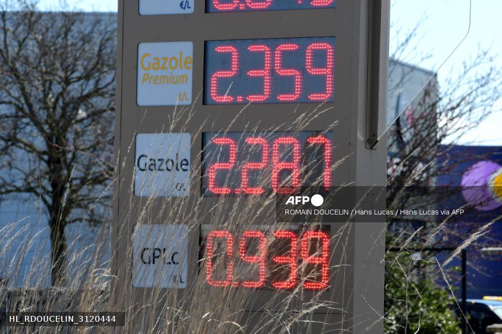Gros plan sur le totem lumineux d'une station-service affichant le gazole à 2,287 euros et le GPL à 0,939 euro