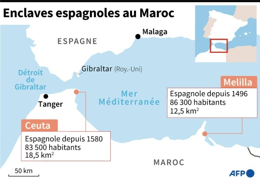 Carte des enclaves espagnoles de Ceuta et Melilla au Maroc